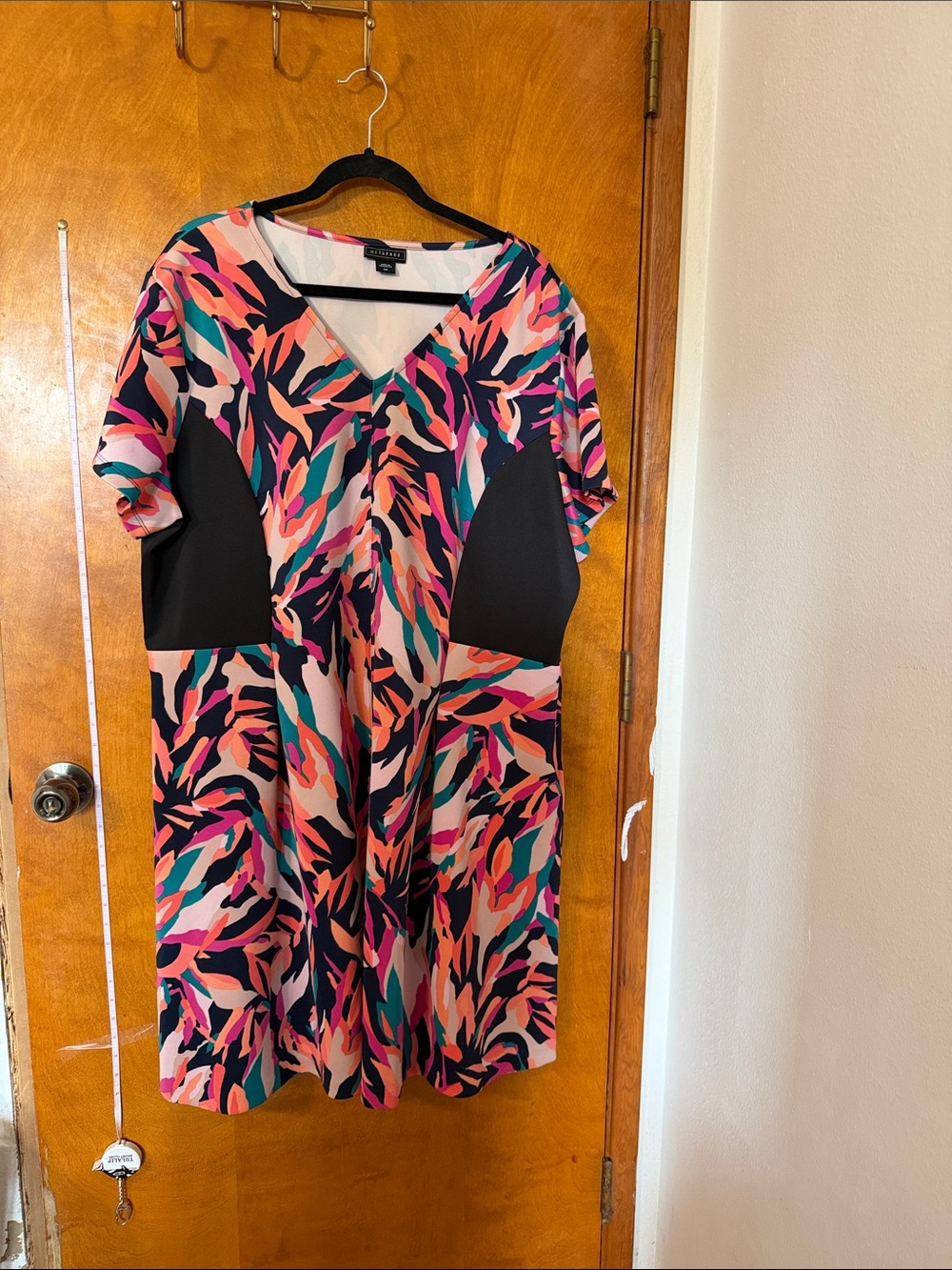 Metaphor Multicolor Leaf-Print Midi Dress with Navy Blue Insets